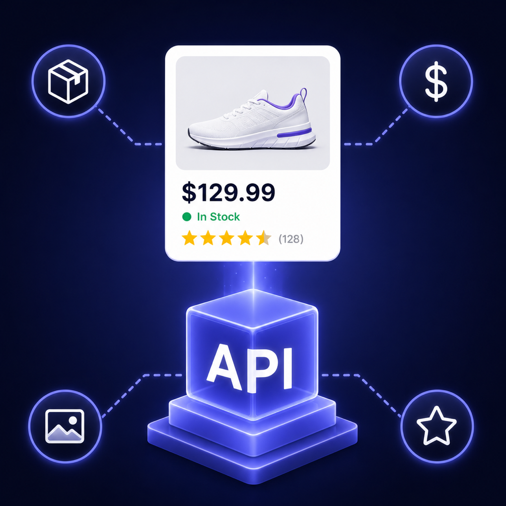 Product card with stock status, price and rating connected to the Product Information API — one request returns stock, offers and product details as JSON